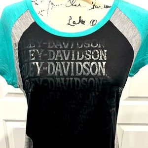 Light Blue, Gray and Black Harley Davidson Peplum Long dress Shirt